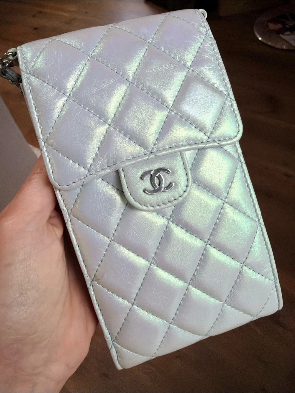 CHANEL Iridescent Quilted Silver Chain Phone Crossbody